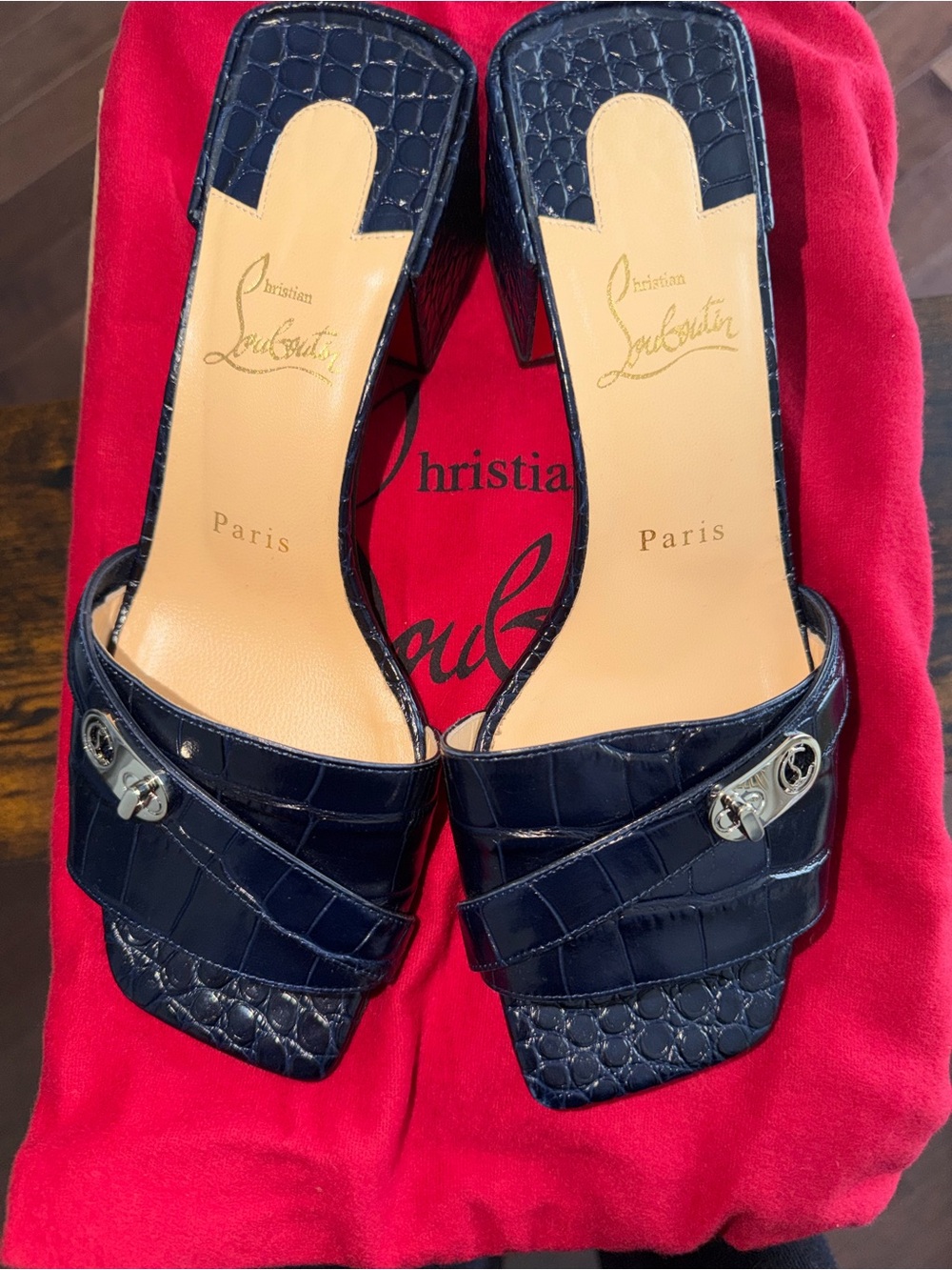 Christian Louboutin Lock Art 55 Black Croc Embossed Leather Mules Size 38.5